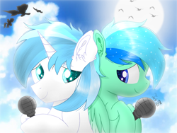 Size: 2000x1500 | Tagged: source needed, useless source url, safe, artist:jadebreeze115, oc, oc only, oc:jade breeze, oc:winter light, pegasus, pony, unicorn, cute, ear fluff, ethereal mane, gay, horn, looking at each other, male, microphone, ocbetes, pegasus oc, shipping, smiling, smiling at each other, stallion, sunlight, unicorn oc, wholesome