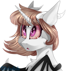 Size: 1775x1933 | Tagged: safe, artist:mediasmile666, oc, oc only, original species, bat wings, bust, horn, simple background, solo, transparent background, wings