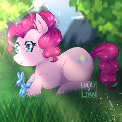 Size: 1500x1500 | Tagged: safe, artist:luckyxlynn, pinkie pie, earth pony, pony, g4, balloon, balloon animal, cute, diapinkes, female, grass, mare, smiling, solo