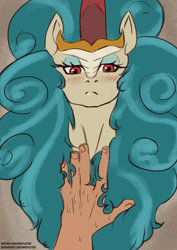 Size: 2480x3508 | Tagged: safe, artist:nire, rain shine, human, kirin, g4, blue mane, blushing, chest fluff, cute, expressionless face, eyelashes, eyeshadow, fluffy, frown, high res, kirinbetes, looking at you, makeup, offscreen character, petting, pov, red eyes, shineabetes, sweat, sweatdrop, tsundere