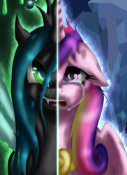 Size: 2091x2868 | Tagged: safe, artist:sinderynaralex, princess cadance, queen chrysalis, alicorn, changeling, changeling queen, pony, g4, bust, crying, duo, duo female, female, high res, mare, teary eyes, this day aria