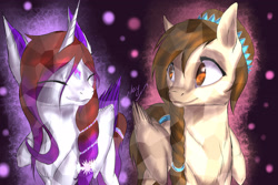 Size: 3000x2000 | Tagged: safe, artist:sinderynaralex, oc, oc only, alicorn, pegasus, pony, alicorn oc, braid, bust, crystallized, duo, duo female, eyes closed, female, folded wings, high res, horn, looking at each other, mare, pegasus oc, smiling, smiling at each other, wings
