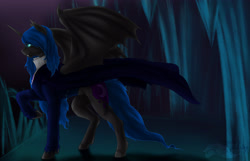 Size: 3049x1967 | Tagged: safe, artist:sinderynaralex, nightmare moon, alicorn, pony, vampire, g4, bat wings, fangs, female, high res, mare, night, outdoors, raised hoof, solo, spread wings, wing claws, wings