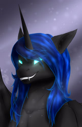 Size: 1967x3049 | Tagged: safe, artist:sinderynaralex, nightmare moon, alicorn, pony, vampire, g4, bat wings, bust, eye clipping through hair, fangs, female, glowing horn, grin, high res, horn, looking at you, mare, smiling, smiling at you, solo, wings