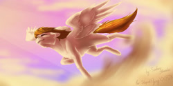 Size: 3464x1732 | Tagged: safe, artist:sinderynaralex, oc, oc only, pegasus, pony, cloud, eyes closed, flying, grin, high res, pegasus oc, sky, smiling, solo, spread wings, wings
