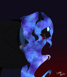 Size: 1177x1357 | Tagged: safe, artist:sinderynaralex, nightmare moon, alicorn, pony, vampire, g4, bat wings, blood, fangs, female, gradient background, mare, shrunken pupils, solo, wing claws, wings