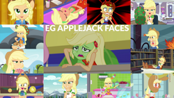 Size: 1280x721 | Tagged: safe, edit, edited screencap, editor:quoterific, screencap, applejack, fluttershy, best in show: the victory lap, camping must-haves, eqg summertime shorts, equestria girls, equestria girls (movie), equestria girls series, i'm on a yacht, legend of everfree, make up shake up, rainbow rocks, rollercoaster of friendship, shake things up!, spring breakdown, street chic, sunset's backstage pass!, spoiler:eqg series (season 2), angry, applejack is best facemaker, applejack's hat, best in show logo, camp everfree outfits, clothes, cowboy hat, cute, cutie mark, cutie mark on clothes, fall formal outfits, female, food, geode of super strength, hat, jackabetes, jewelry, magical geodes, microphone, necklace, offscreen character, one eye closed, open mouth, pancakes, photo booth (song), ponied up, seasickness, sleeveless, smiling, solo focus, yacht