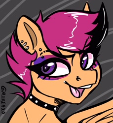 Size: 2366x2582 | Tagged: safe, artist:holomouse, scootaloo, pegasus, pony, g4, choker, ear piercing, earring, eyebrows, eyebrows visible through hair, eyeshadow, female, filly, high res, jewelry, looking at you, makeup, nose piercing, nose ring, open mouth, open smile, piercing, rockerscoots, smiling, smiling at you, solo