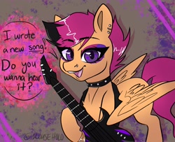Size: 3500x2842 | Tagged: safe, artist:holomouse, scootaloo, pegasus, pony, g4, choker, ear piercing, earring, eyebrows, eyebrows visible through hair, eyeshadow, female, filly, guitar, high heels, high res, jewelry, looking at you, makeup, musical instrument, nose piercing, nose ring, open mouth, open smile, piercing, rockerscoots, shoes, smiling, smiling at you, solo
