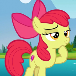 Size: 680x680 | Tagged: safe, screencap, apple bloom, earth pony, pony, g4, marks and recreation, season 7, cropped, female, filly, hoof on chin, smiling, smirk, solo, thinking