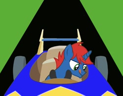Size: 900x702 | Tagged: safe, artist:ry-bluepony1, oc, oc only, oc:train track, pony, unicorn, g4, base used, car, horn, male, racecar, show accurate, smiling, solo, stallion, tongue out, unicorn oc