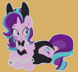 Size: 1399x1302 | Tagged: safe, artist:dekuloid, starlight glimmer, pony, unicorn, g4, blushing, bowtie, bunny ears, bunny suit, clothes, cuffs (clothes), female, frown, leotard, lying down, mare, prone, socks, solo