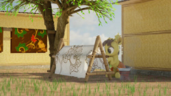 Size: 1192x670 | Tagged: safe, artist:gabro46, oc, oc:nuning, earth pony, pony, 3d, batik, blender, clothes, crown, fabric, flower, grass, indonesia, jewelry, leaf, nusaponycon, ponified, skirt, soil, tree, wood