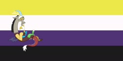 Size: 2000x1000 | Tagged: safe, artist:vylet pony, discord, draconequus, g4, gender headcanon, grin, male, nonbinary, nonbinary pride flag, pride, pride flag, pride month, smiling, solo