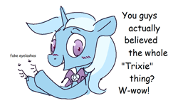 Size: 983x599 | Tagged: artist needed, safe, trixie, pony, unicorn, g4, blushing, cape, clothes, comic sans, crossdressing, fake eyelashes, gender headcanon, looking at you, male, rule 63, text, tristan, trixie's cape