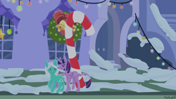 Size: 1920x1080 | Tagged: safe, artist:misskanabelle, twilight sparkle, oc, oc:tickle, alicorn, earth pony, pony, g4, candy, candy cane, canon x oc, christmas, christmas lights, christmas wreath, cloven hooves, earth pony oc, female, food, hearth's warming, holiday, horn, leonine tail, lesbian, mare, outdoors, shipping, smiling, snow, twilight sparkle (alicorn), wings, wreath
