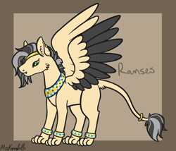 Size: 1750x1500 | Tagged: safe, artist:misskanabelle, oc, oc only, oc:ramses, hybrid, sphinx, abstract background, adopted offspring, ear fluff, jewelry, male, parent:pinkie pie, parent:princess skystar, parents:skypie, ring, signature, solo, sphinx oc, tail, tail ring, two toned wings, wings
