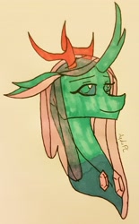 Size: 2034x3290 | Tagged: safe, artist:agdapl, ocellus, changedling, changeling, g4, antlers, bust, changedling queen, curved horn, high res, horn, older, older ocellus, signature, smiling, solo, traditional art