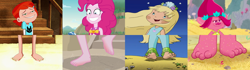 Size: 7680x2160 | Tagged: safe, editor:sonic ranger, pinkie pie, human, equestria girls, equestria girls series, friendship math, too hot to handle, barefoot, beach, ben 10, close-up, clothes, comparison, dreamworks trolls, feet, fetish, foot closeup, foot fetish, foot focus, gwen tennyson, queen poppy, sand, seaberry delight, strawberry shortcake, swimsuit, trolls, trollstopia, wat, wiggling toes