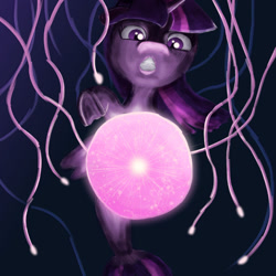 Size: 1280x1280 | Tagged: safe, artist:ricechexwithmilk, twilight sparkle, alicorn, jellyfish, pony, seapony (g4), g4, my little pony: the movie, atg 2021, betrayal, female, fin wings, fish tail, flowing mane, glowing, horn, newbie artist training grounds, ocean, orb, purple eyes, queen novo's orb, robbery, seaponified, seapony twilight, seaquestria, solo, species swap, tail, teeth, tentacles, twilight sparkle (alicorn), underwater, water, wings