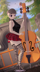 Size: 2160x3840 | Tagged: safe, alternate version, artist:steamyart, octavia melody, earth pony, anthro, g4, 3d, breasts, busty octavia melody, clothes, commission, double bass, high heels, high res, looking at you, musical instrument, shoes, skirt, solo, source filmmaker, stockings, suit, thigh highs, zettai ryouiki