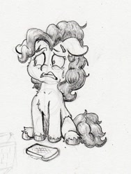 Size: 1139x1511 | Tagged: safe, artist:lost marbles, pinkie pie, earth pony, pony, g4, bread, female, food, pencil drawing, solo, sweat, toast, traditional art