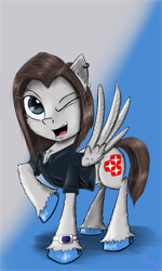 Size: 1250x2088 | Tagged: safe, artist:chopsticks, pegasus, pony, butt fluff, cheek fluff, chest fluff, clothes, ear fluff, ear piercing, earring, female, freckles, jewelry, looking at you, mare, one eye closed, open mouth, piercing, ponified, samsung, samsung sam, shirt, unshorn fetlocks, watch, wink, winking at you