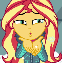 Size: 564x576 | Tagged: safe, screencap, sunset shimmer, blizzard or bust, equestria girls, equestria girls specials, g4, my little pony equestria girls: better together, my little pony equestria girls: holidays unwrapped, :o, blowing a kiss, cropped, kissing, open mouth, snow, snowflake, solo