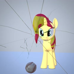 Size: 4000x4000 | Tagged: safe, artist:wissle, sunset shimmer, pony, unicorn, g4, 3d, absurd resolution, atg 2021, baseball, blender, broken glass, female, frown, mare, newbie artist training grounds, oops, scared, simple background, solo, sports