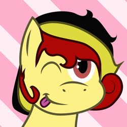 Size: 1280x1280 | Tagged: safe, artist:hazel bloons, oc, oc only, oc:chocolate sweets, earth pony, pony, belgium, female, happy, icon, looking at you, mare, one eye closed, simple background, smiling, solo, tongue out, wink, winking at you
