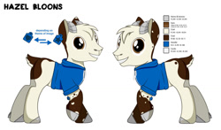 Size: 1280x751 | Tagged: safe, artist:hazel bloons, oc, oc only, oc:hazel bloons, goat, 2019, brown eyes, brown fur, clothes, ear tag, goat oc, hoodie, horns, looking at you, male, reference sheet, simple background, smiling, solo, text, white fur