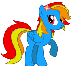 Size: 1280x1186 | Tagged: safe, artist:hazel bloons, oc, oc only, oc:sunamena, pegasus, pony, 2022 community collab, derpibooru community collaboration, 2021, blue coat, female, flower, flower in hair, lifting leg, mare, multicolored hair, multicolored mane, multicolored tail, pegasus oc, pegasus wings, red eyes, simple background, smiling, solo, tattoo, transparent background, wings