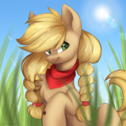 Size: 2200x2200 | Tagged: safe, artist:cottonaime, applejack, earth pony, pony, g4, alternate hairstyle, high res, smiling, solo