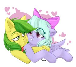Size: 2000x1764 | Tagged: safe, artist:fraxus, artist:ilovefraxus, apple fritter, flitter, earth pony, pegasus, pony, g4, apple family member, commission, cute, female, lesbian, love, shiny, ship:apple flitter, shipping, ych result