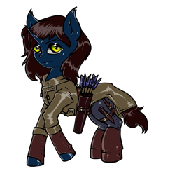 Size: 1054x1029 | Tagged: safe, artist:leastways, oc, oc only, oc:telum, pony, unicorn, fallout equestria, arrow, clothes, coat, commission, fanfic art, female, jacket, knife, leather jacket, long hair, long mane, mare, quiver, simple background, sketch, solo, superhero, superhero costume, transparent background, weapon