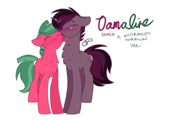 Size: 1900x1300 | Tagged: safe, artist:gallantserver, oc, oc only, oc:damien, oc:watermelon tourmaline, earth pony, pony, unicorn, blushing, chest fluff, floppy ears, freckles, gay, horn, male, oc x oc, offspring, offspring shipping, parent:big macintosh, parent:marble pie, parents:marblemac, shipping, simple background, smiling, stallion, transparent background