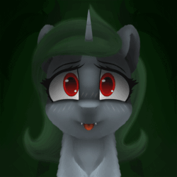 Size: 1024x1024 | Tagged: safe, artist:darbedarmoc, oc, oc only, oc:minerva, pony, unicorn, animated, blushing, cute, ear fluff, eyelashes, fangs, fluffy, gif, looking at you, red eyes, solo, tongue out