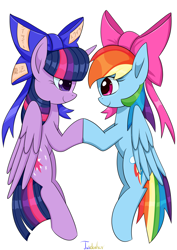 Size: 2480x3507 | Tagged: safe, artist:twidasher, rainbow dash, twilight sparkle, alicorn, pegasus, pony, g4, bow, duo, female, hair bow, high res, lesbian, looking at each other, mare, redraw, ship:twidash, shipping, signature, simple background, smiling, smiling at each other, touching hooves, twilight sparkle (alicorn), white background