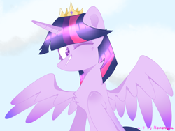 Size: 2886x2165 | Tagged: safe, artist:memengla, twilight sparkle, alicorn, pony, g4, crown, female, high res, jewelry, mare, one eye closed, regalia, sidemouth, simple background, solo, twilight sparkle (alicorn), white background, wink