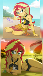 Size: 1920x3413 | Tagged: safe, artist:ta-na, edit, editor:itsmgh1203, sunset shimmer, equestria girls, equestria girls series, forgotten friendship, g4, adorasexy, alcohol, arm behind head, barefoot, beach, beach babe, beach chair, beautiful, beautisexy, beer, belly button, bikini, bikini babe, bikini bottom, bikini top, black swimsuit, blurry background, bracelet, breasts, busty sunset shimmer, chair, clothes, cloud, cute, cutie mark, cutie mark on clothes, eyelashes, feet, female, high res, jewelry, lens flare, looking at you, lying down, midriff, ocean, on side, outdoors, praise the sunset, pun, sand, sarong, sexy, shimmerbetes, sky, sleeveless, smiling, smiling at you, solo, stupid sexy sunset shimmer, summer, sun, sunset, swimsuit, tan, visual pun, wall of tags, water