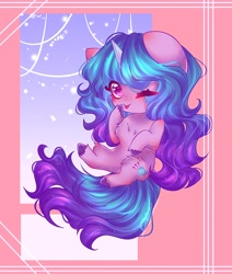 Size: 1400x1650 | Tagged: safe, artist:rainbowmoon2512, izzy moonbow, pony, unicorn, g5, abstract background, chest fluff, chibi, cute, female, hoof fluff, izzybetes, looking at you, one eye closed, solo, tongue out, unshorn fetlocks, wink