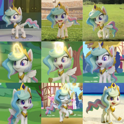 Size: 1099x1100 | Tagged: safe, artist:andrew hickinbottom, artist:andyh_3d, part of a set, screencap, princess celestia, alicorn, pony, g4, g4.5, my little pony: stop motion short, beach, crown, cute, expressions, eyes closed, female, glowing horn, horn, irl, jewelry, magic, magic aura, open mouth, photo, pointing, regalia, soccer field, solo