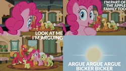 Size: 1280x720 | Tagged: safe, edit, edited screencap, editor:quoterific, screencap, apple bloom, applejack, big macintosh, granny smith, pinkie pie, earth pony, pony, g4, pinkie apple pie, season 4, apple bloom's bow, applejack's hat, argument, bow, breaking the fourth wall, colored hooves, cowboy hat, female, filly, freckles, hair bow, hat, horse collar, looking at you, mare, open mouth, sweet apple acres, unshorn fetlocks
