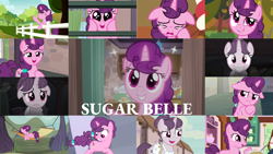 Size: 1280x721 | Tagged: safe, edit, edited screencap, editor:quoterific, screencap, sugar belle, pony, unicorn, hard to say anything, marks for effort, season 5, season 7, season 8, season 9, the big mac question, the break up breakdown, the cutie map, angry, bipedal, crying, cute, dilated pupils, eyes closed, female, floppy ears, hooves on cheeks, madorable, mare, open mouth, puppy dog eyes, raised hoof, running, sad, sadorable, sleeping, solo, sugar belle is not amused, sugarbetes, sugarcube corner, unamused