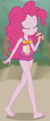 Size: 190x455 | Tagged: safe, screencap, pinkie pie, human, equestria girls, equestria girls series, friendship math, g4, barefoot, clothes, cropped, cup, drink, drinking, eyes closed, feet, one-piece swimsuit, pinkie pie swimsuit, sleeveless, solo, swimsuit, walking