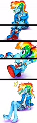 Size: 1105x3708 | Tagged: safe, artist:liaaqila, rainbow dash, equestria girls, g4, additional toe, bare legs, barefoot, boots, comic, cute, dashabetes, earbuds, extra toe, eyes closed, feet, female, fetish, foot fetish, foot tapping, high res, no socks, open mouth, open smile, removing shoes, shoes removed, smiling, solo, tapping, traditional art