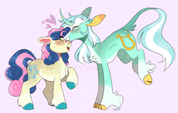 Size: 1924x1228 | Tagged: safe, artist:wanderingpegasus, bon bon, lyra heartstrings, sweetie drops, classical unicorn, earth pony, pony, unicorn, adorabon, blushing, chest fluff, cloven hooves, coat markings, cute, eyes closed, female, fetlock tuft, floating heart, floppy ears, forehead kiss, freckles, heart, height difference, kiss on the head, kissing, leaning forward, leg fluff, leonine tail, lesbian, lyrabetes, lyrabon, mare, markings, open mouth, pale belly, pink background, raised hoof, shipping, simple background, size difference, smiling, socks (coat markings), standing on two hooves, unshorn fetlocks
