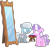 Size: 3161x3000 | Tagged: safe, artist:brony-works, artist:grievousfan, artist:jeatz-axl, artist:misteraibo, artist:parclytaxel, edit, editor:slayerbvc, vector edit, diamond tiara, silver spoon, earth pony, pony, g4, cushion, duo, duo female, female, filly, floppy ears, freckles, glasses, high res, jewelry, lip bite, mirror, missing accessory, necklace, pearl necklace, raised hoof, simple background, stool, tiara, transparent background, vector, wide eyes