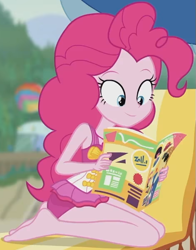 Size: 471x600 | Tagged: safe, screencap, pinkie pie, human, equestria girls, friendship math, g4, my little pony equestria girls: better together, barefoot, beach chair, chair, clothes, cropped, cute, diapinkes, feet, female, magazine, one-piece swimsuit, pinkie pie swimsuit, sleeveless, solo, swimsuit