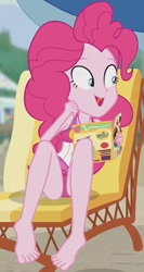 Size: 400x752 | Tagged: safe, screencap, pinkie pie, equestria girls, friendship math, g4, my little pony equestria girls: better together, anatomically incorrect, animation error, barefoot, beach chair, chair, clothes, cropped, feet, female, magazine, one-piece swimsuit, pinkie pie swimsuit, sleeveless, solo, swimsuit, they just didn't care, toes